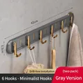 Self-adhesive 42cm wall hook rack with 6 gold hooks in grey finish, 2-pack set - 6 Hooks - 2 Pack / Gray