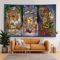 Three-panel zodiac wall tapestry with mechanical clock and astrology symbols in cozy living room - Astrology Mechanical Clock Style (GT2280)