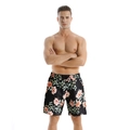 Men's quick-dry beach shorts with tropical pink floral print and elastic drawstring waist - Navy Rose Print