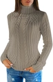 Close-up of light khaki high neck sweater featuring detailed cable knit patterns for winter - S / Tops / Gray
