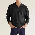 Detail of grey men's long sleeve polo shirt showing v-neck buttons and knitted texture - Black