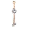 Rose gold navel button ring featuring a white zircon stud and elegant chain tassels - Rose Gold Long Tassel Chain