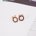 Christmas wreath stud earrings with red and green crystals and a gold bow design - Rhinestone Wreath Stud Earrings