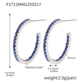 C-shaped stainless steel hoop earrings with blue zircon inlays, 21mm height - Style B-21mm / Steel Blue Zirconia