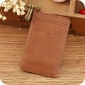 Brown vintage faux leather card holder with three slots and bronze metal hook - Coffee