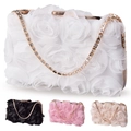 Elegant white chiffon 3D floral evening clutch bag with sparkling diamond chain strap - White