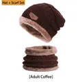 Men's winter knit beanie hat and neck warmer scarf set with fleece lining in coffee brown - Adult Set (Hat + Scarf) / Coffee