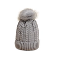 Detail of grey cable knit beanie with large faux fur pom-pom and thick ribbed cuff - M (56-58cm) / Gray