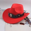Red wool felt western cowboy hat with silver star badges and black leather band - Rhinestone Arc Strap / Red