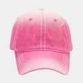 Detail view of pink washed baseball cap featuring distressed edges and contrast stitching - Pink
