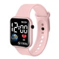 Detail view of pink LED sports watch showing digital UI with heart rate and step counter - Pink