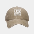 Detail of khaki washed cotton baseball cap featuring I FIX STUFF white printed text - Adjustable / Khaki