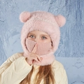 Gorro de invierno rosa para niños con orejas de oso y máscara facial de punto integrada - Rosa
