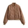 Close-up of brown quilted bomber jacket detailing the ribbed collar and snap buttons - S / Tan