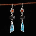 Vintage bohemien hangoorbellen met turquoise kralen en oranje stenen in antiek zilver - Geometrische Splicing Stijl (8229) / Antiek Zilver (8229)