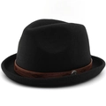 Classic black wool fedora hat with brown leather band and bohemian metal buckle - M(56-58cm) / Black