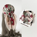 Pink satin square scarf with red floral pattern worn as a headwrap and displayed flat - L7347-Pink