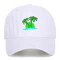 Washed white cotton baseball cap featuring embroidered tropical palm tree design - White