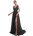 Elegant black sequin evening gown featuring a deep V-neckline and high leg slit detail - S / Dresses / Black