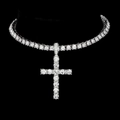 Close-up of hip-hop cross pendant with micro-pave crystals on a tennis chain - Silver Pendant + 22 Inch Tennis Chain / Silver