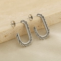Macro view showing the silver twisted rope texture on these square U-shaped earrings - Steel Color (KE114509-K)