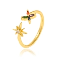 Adjustable golden open ring with colorful clover and star details for women - J1053 (Colorful Clover And Star)