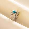 Silver 304 stainless steel ring with turquoise sunburst design and braided band - Silver Tone Dark Blue Stone Style (J586-S-DB)