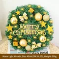Couronne de Noël 40cm avec 20 LED chaudes, ornements dorés et signe Merry Christmas - 40CM / Style lumière chaude / Or