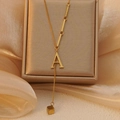 Elegant gold titanium steel Y-shaped necklace with letter A pendant on silk background - Letter A (WY006-A)