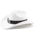 Detailed close-up of white suede cowboy hat featuring metallic bull head and star studs - M (56-58cm) / Pure White