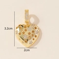 Detailed view of gold heart pendant with star cutouts, crystals, and size dimensions - 0228-16/Gold Hollow Star Heart