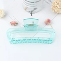 Glossy teal transparent rectangular hollow hair claw clip with stylish leopard print accent - Pearlescent Transparent Cyan