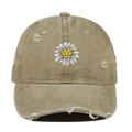 Vintage washed khaki baseball cap with daisy embroidery and distressed ripped details - One Size / Khaki