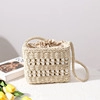 Beige square straw crossbody bag with drawstring closure and floral decor - Pearl Decoration / Off White