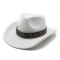 White felt western cowboy hat with brown leather band and metallic bull head emblem - White