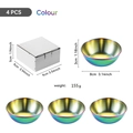 Set of 4 colorful stainless steel sauce dishes with dimensions and packaging info - Rainbow Small 4PCS