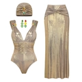 Costume intero dorato con ritagli e gemme colorate completo di gonna lunga coordinata - S / Set 4 Pezzi Costume Intero Scollo a V Oro