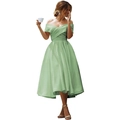 Elegant off-shoulder satin cocktail dress in light green with pleated bodice - US size 12 (L) / Bottoms / Grass Green