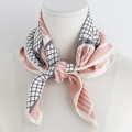 Detail of pink and grey geometric silk scarf tied on neck with elegant pattern - Pink / 70x70cm