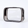 Transparent PVC waterproof travel makeup bag with brown trim and zipper closure - Gray