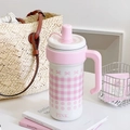 Pink plaid 316 stainless steel insulated tumbler with handle and straw cover - Pink Grid-1000ML