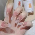 Pink and white ombre press-on nails with 3D teddy bear and heart accents - Pink White Ombre 3D Bear (N5071)