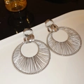 Modern silver circular earrings featuring intricate radial wire texture and interlocking rings - 70# Silver Fine Wire Filled Interlocking Double Hoop Style (70# Silver Earring Post-Silver)