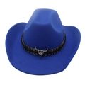 Bright blue western cowboy hat featuring ethnic patterned band and silver bull head decor - One Size / Sapphire Blue