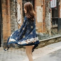 Ethnic style summer beach shawl in navy blue with golden chain and tassel patterns - Dark Blue Gold Chain Gear Tassel Style / Silver Gray / 180cm