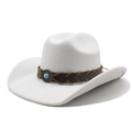 Close-up of white felt cowboy hat featuring brown leather band and turquoise buckle detail - M (56-58cm) / White