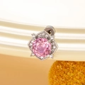Silver flower stud earrings with a pink round gemstone and sparkling zircon halo - Pink (Single)