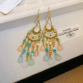 Bohemian gold tassel earrings with turquoise and pink beads in a long ethnic drop style - 23# Moon Shape Enameled Waterdrop Tassel Hook