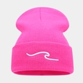 Detail of neon pink knit beanie featuring minimalist wave embroidery and fine texture - One Size / Light Rose Red