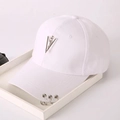 Close-up of a white baseball cap featuring a metal triangle and silver rings on the brim - [small And Large Triangles] White